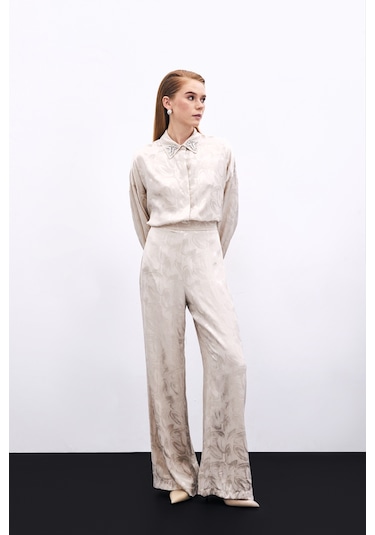 Sateen Jakarlı Salaş Pantolon - Bej