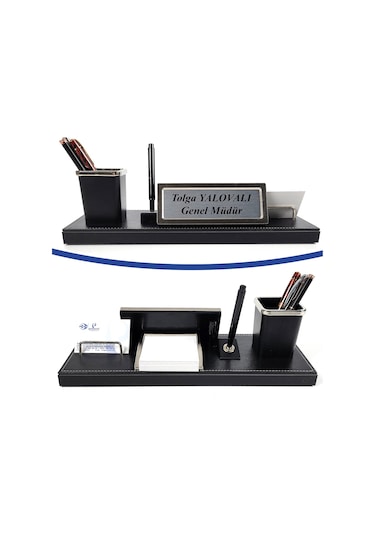 Akdeniz Siyah Deri Ofis Masa Üstü İsimlik Seti - Masa İsimliği