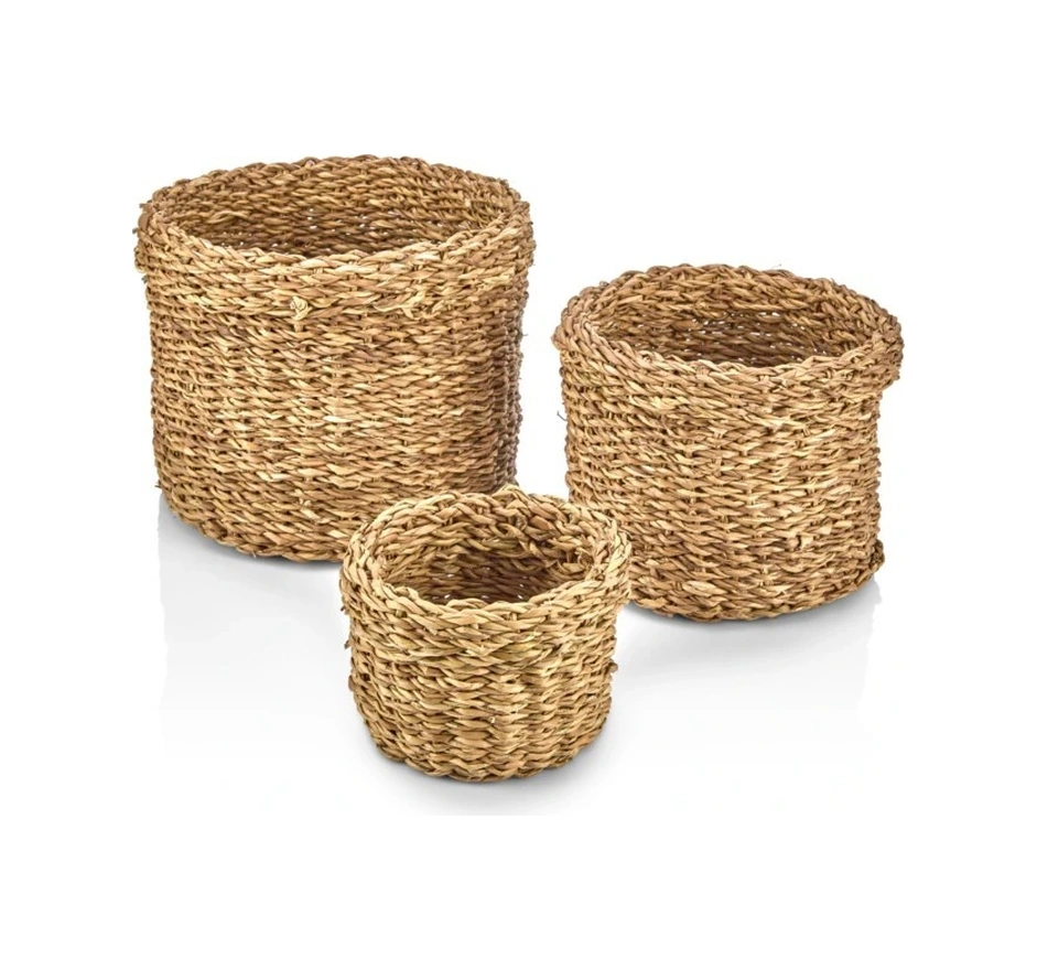Dekoratif Natural Yuvarlak Düzenleyici Hasır Sepet Saksılık 3 Lü Set Cl-13055