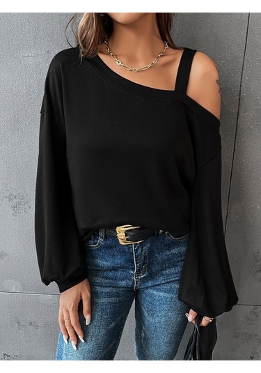 Kadın Uzun Kollu Tek Omuz Askı Detay Salaş Viskon Iki Iplik Bluz Bediva 001