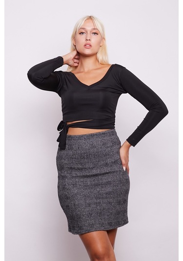 Kışlık Yünlü Kumaş Yüksek Bel Diz Üstü Kalem Etek -Antrasit Çizgi