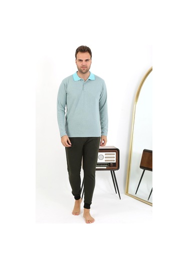 Akbeniz Erkek Polo Yaka Uzun Kol Penye Pijama Takımı 6862 Su Yeşili Su Yeşili