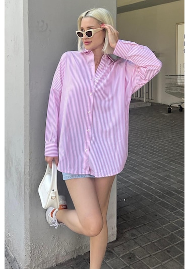 Madmext Pembe Çizgili Over Fit Gömlek Mg1525 Pembe