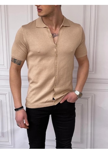Modefendi Slim Fit Polo Yaka Triko Pamuk Kısa Kollu Gömlek Krem