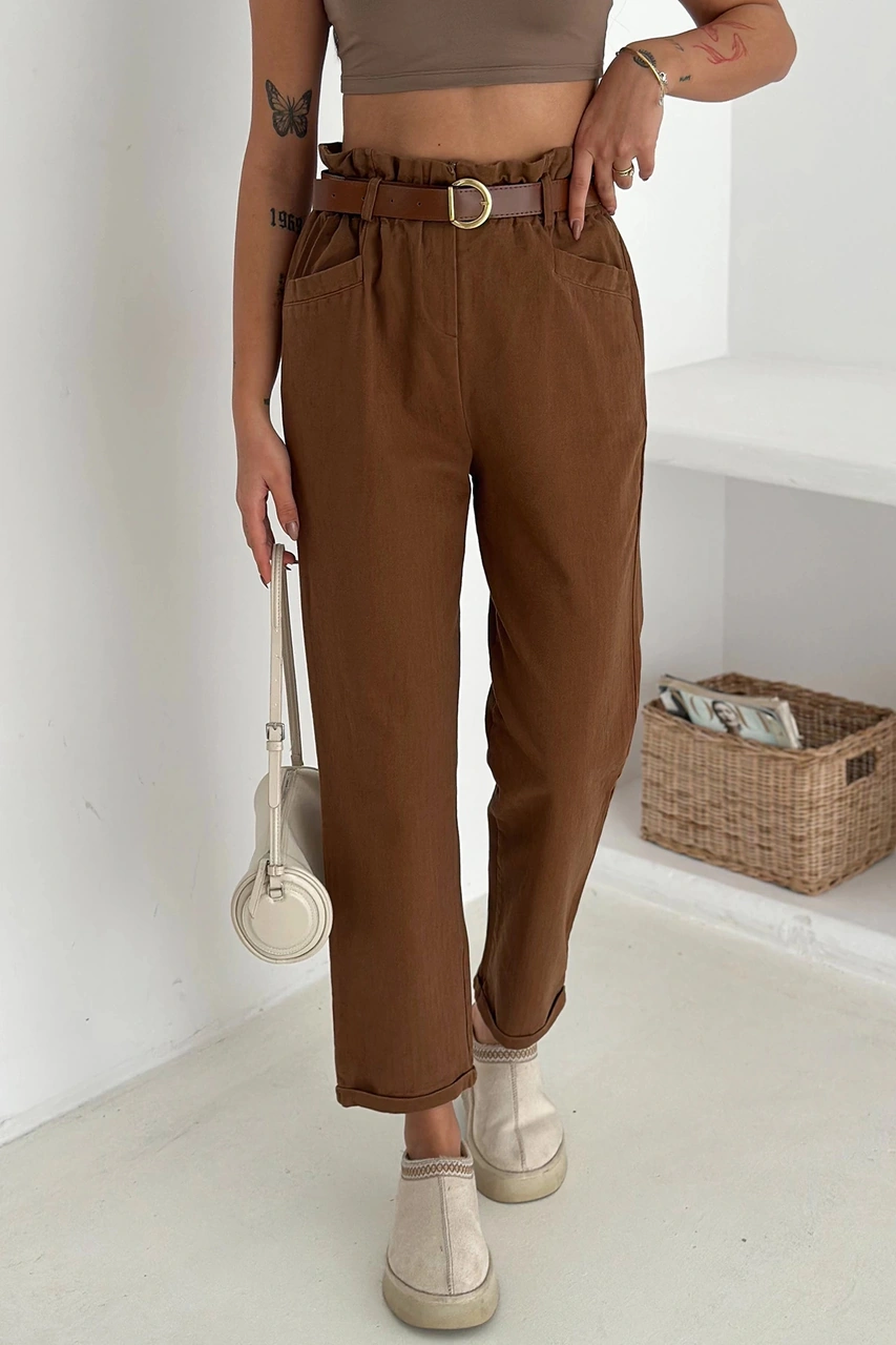 Yıkamalı Pamuk Yağmur Gabardin Yüksek Bel Pantolon Kahverengi Kahverengi