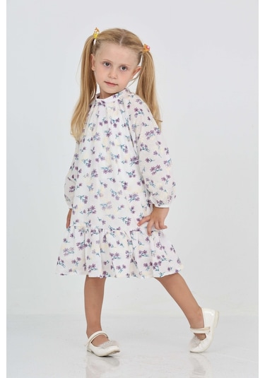 Toontoy Kız Çocuk Çiçek Desenli Elbise Mor