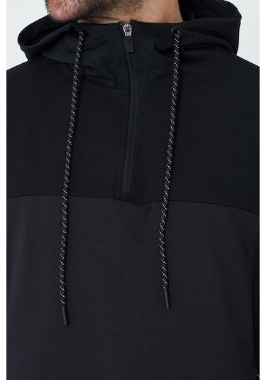 White Stone Siyah Kapüşonlu Yarım Fermuarlı Yandan Cepli Erkek Sweatshirt