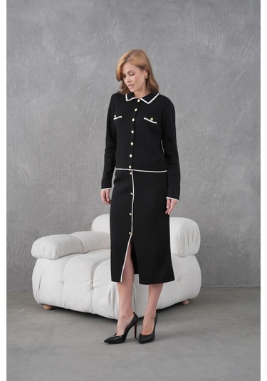 Kadın Polo Yaka Düğme Detay Ceket Uzun Etek İkili Triko Takım Siyah