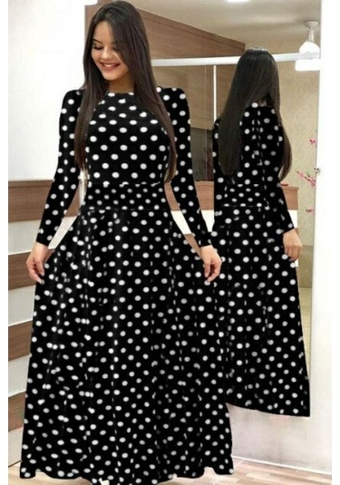 Kadın Krep Kumaş Uzun Kollu Tam Boy Puantiyeli Elbise 132 Cm Siyah