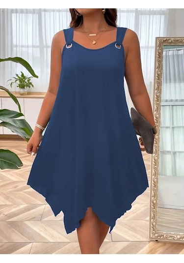 Kadın Askılı Yuvarlak Yaka Kuş Gözü Detaylı Asimetrik Viskon Elbi Lacivert