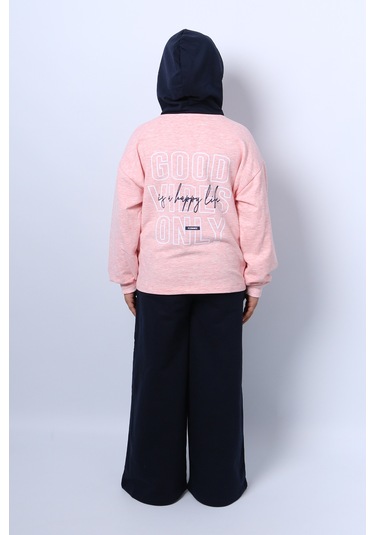 Kız Çocuk Kapşonlu Eşofman Takımı Baskılı İspanyol Paça C36 Yavruağzı