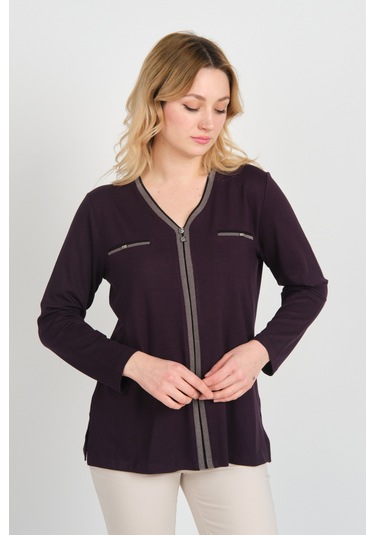 Detay Triko Kadın Süs Cepli Toka Detaylı Uzun Kol Anne Bluz 5717 Mürdüm Mürdüm