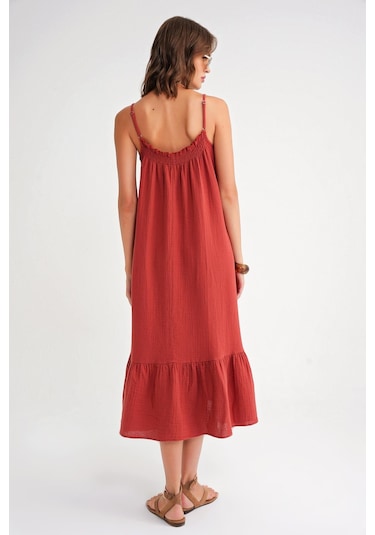 4740 Kadın Askılı Müslin Midi Elbise Kiremit Kiremit