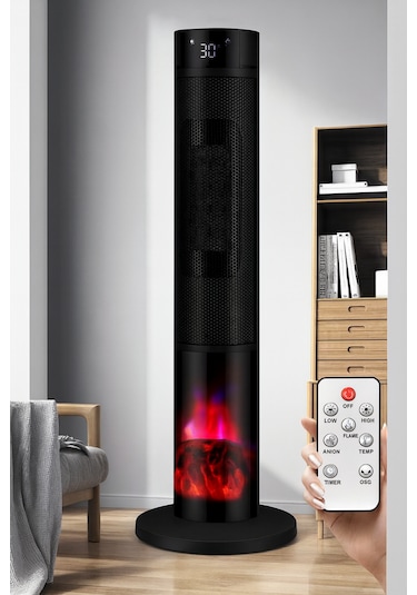 Şömineli Seramik Kule Tipi Dikey Isıtıcı Uzaktan Kumandalı