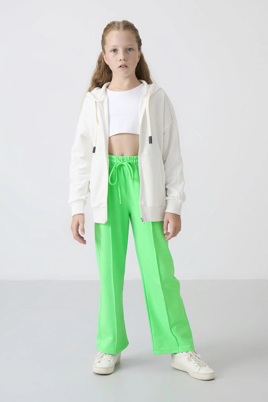 Neon Yeşil Cepli Ön Dikiş Detaylı Geniş Paça Kız Çocuk Eşofman Altı -75144 Neon Yeşil