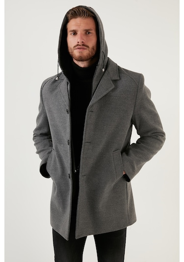 Buratti Çıkarılabilir Kapüşonlu Kırçıllı Slim Fit Kaşe Erkek Kaban 5841013 Açık Gri