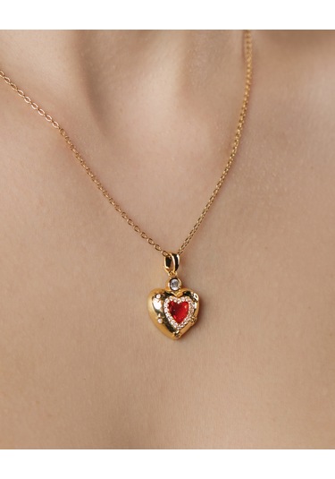 Lekka Design Kadın Kararmaz Çelik Takı Kırmızı Zirkon Taşlı Kalp Aşk Kolye Altın