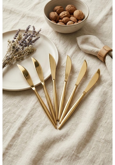 6'lı Lüks Gold Paslanmaz Çelik Yemek Bıçağı Seti 21 Cm Gold