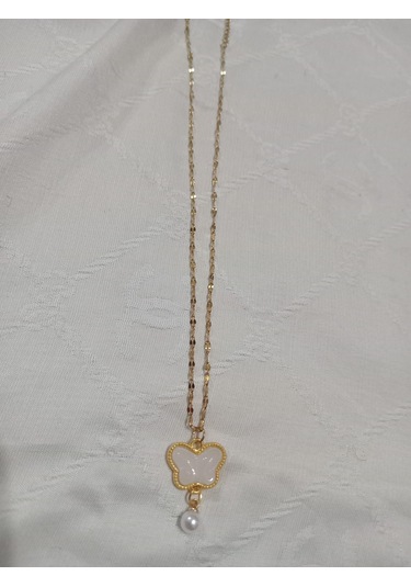 Kelebek Kolye İnci Boncuk Uçlu Beyaz