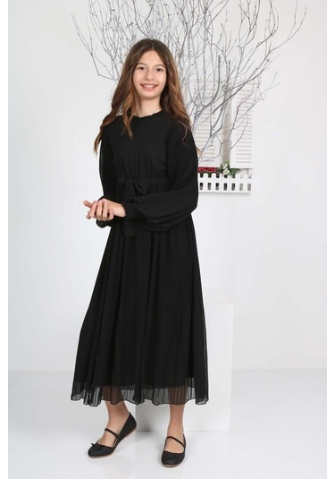 Kız Çocuk Uzun Boydan Pliseli Şifon Elbise Siyah