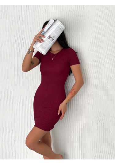Kadın Bisiklet Yaka Kısa Kol Likralı Elbise - Bordo Bordo