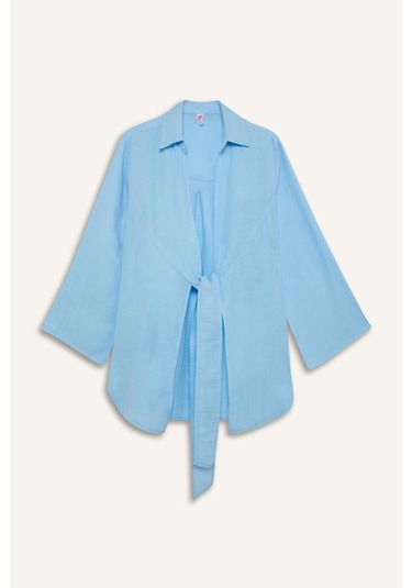 DeFacto Müslin Önden Bağlamalı Plaj Gömleği-Fall in Love B7333AX25SMBE509 Mavi