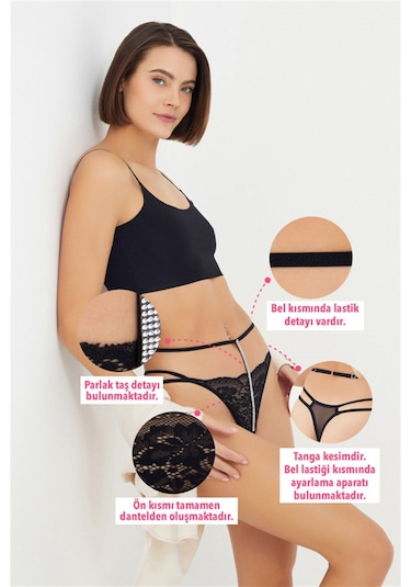 Siyah Dantelli Taş Detaylı Ayarlanabilir Lastikli Kadın Tanga Külot Siyah
