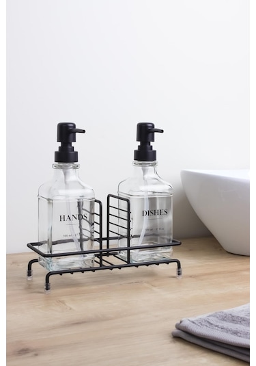 Okyanus Home Siyah Pompalı Ve Standlı İkili Kare Cam Sıvı Sabunluk 500ml