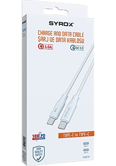 Syrox Pd18tk 3.0a 18w Pd 1mt Type-c - Type-c Şarj & Data Kablosu - Beyaz