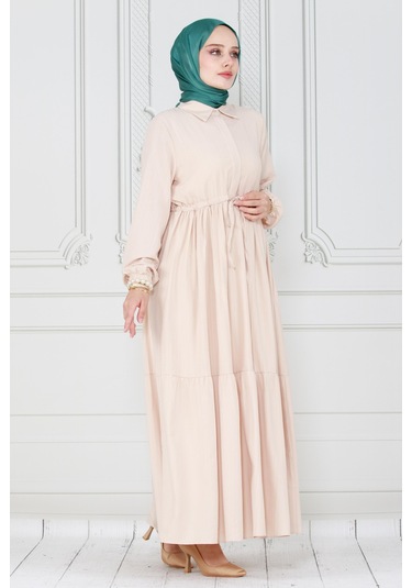 Gömlek Yaka Beli Tünelli Sare Elbise-bej-4074-bej Bej