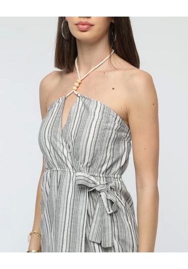 Kuşaklı Çizgili Mini Keten Elbise Gri