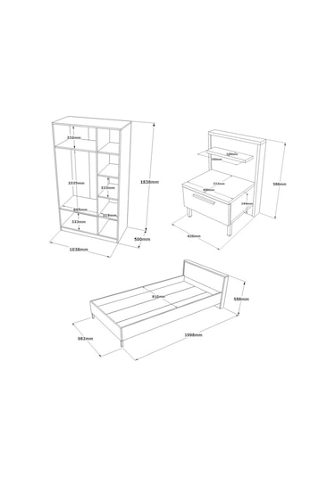 Robin Home Dream Genç Odası 3'Lü Set Karyola Komodin Gardırop Kahverengi