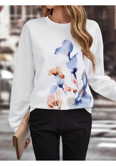 Floral Print Drop Shoulder Sweatshirt-trzksw114 Çok Renkli