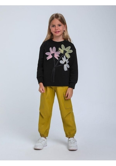 Kız Çocuk Çiçek İşlemeli Tasarım Sweatshirt-14341 Siyah