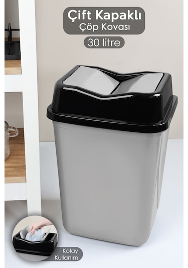 Çift Kapaklı Plastik Çöp Kovası - Ev Ofis Banyo Mutfak Çöp Kovası Gri 30 Litre Gri