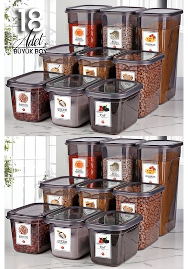 KitchenLife 18'li Etiketli Moly Dikdörtgen Erzak Saklama Kabı Seti X6 1300ml-2000ml-3200ml Geniş - Sert Kapaklı Çok Renkli
