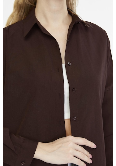 Kadın Oversize Uzun Basic Gömlek - Kahverengi