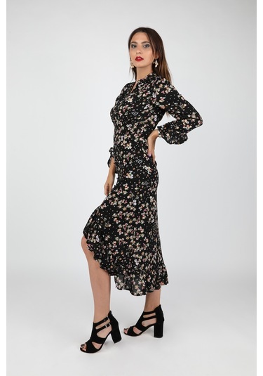 Kadın Çiçekli Viskon Elbise Siyah