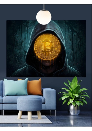 Bitcoin Sembolü Kapüşonlu Gizem Dekoratif Kanvas - Mdf Ahşap Tablo