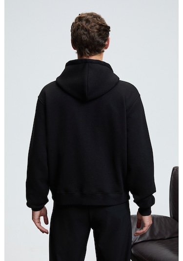 ASHBY Erkek Kapüşonlu Fermuarlı Cepli Kordonlu Regular Fit Siyah Sweatshirt