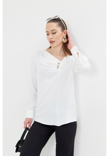 Yakası Pileli Ve Düğme Detaylı Gömlek Ekru Ekru