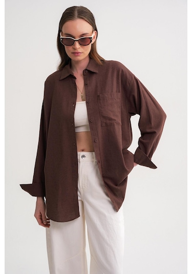 Mixray 4670 Kadın Cepli Oversize Basic Keten Gömlek Kahve