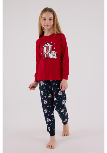 Rolypoly Kız Çocuk Uzun Kol Pijama Takım Kırmızı-1746 Kırmızı