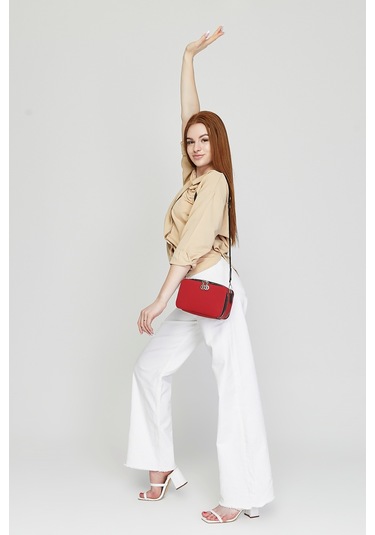 Morpelikan Kırmızı Kabartma İki Bölmeli Kadın Omuz Çantası Kırmızı