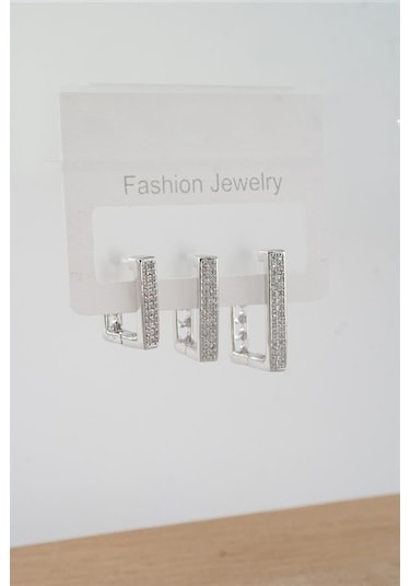 Kadın Vip Seri Zirkon Taşlı 3 Boy 3'lü Küpe Seti-5435 Gümüş