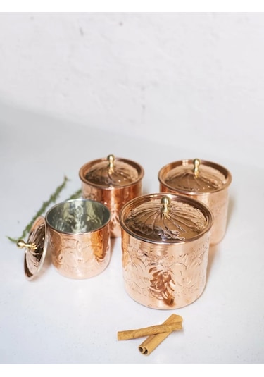 Bakır Baharat Takımı Desen Kakmalı Model Bakır Renk 4'lü Parlak Bakır