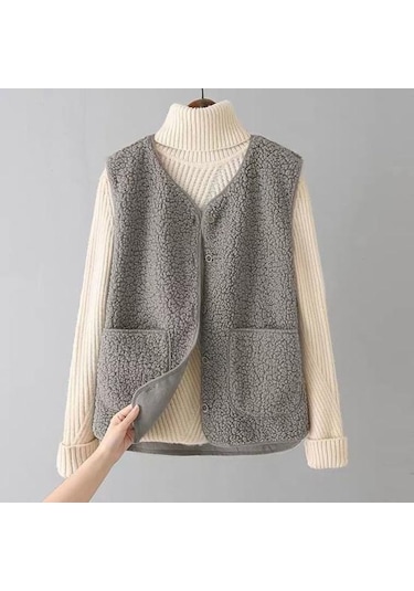 Kadın Güz Kış Yelek Ceket Düz Renk V Boyun Kolsuz Düğme Kapatma V Boyun Yumuşak Sıcak Cepler Hırka Bayan Yelek Haki