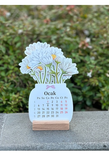 2026 Ahşap Ayaklı Çiçekli Mini Özel Tasarım, Masaüstü Takvim, Papatyalı Çiçek Buketi - Yeni Yıl