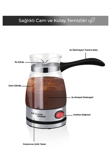 General Home Cz-47 Elektrikli Cam Cezve Siyah 0.5 L Türk Kahvesi, 700w, Gösterge Işıklı