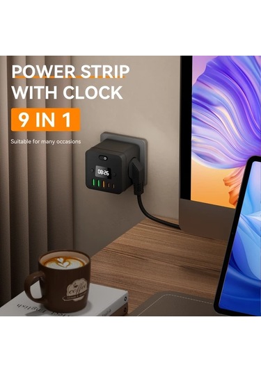 Motion003 9'lu Çoklu Fişli Saat Priz Adaptörü 3 Usb Portu Aşırı Yük Koruması Ev Ofis İ